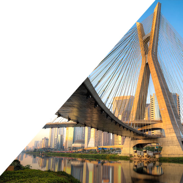 Modern suspension bridge displayed in front of skyscrapers and blue sky.