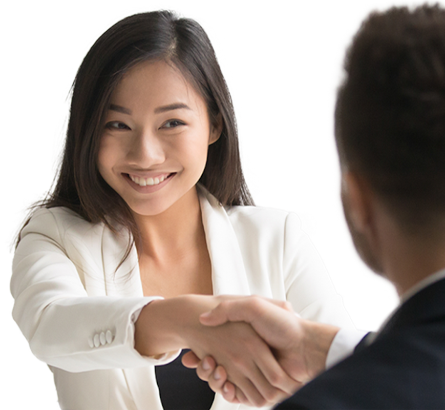 Woman shaking hands with a man.